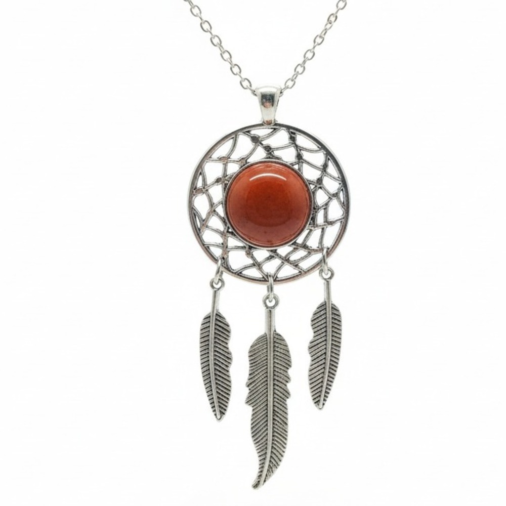 Dreamcatcher Necklace Red Jasper Stone Silver Tone‎ Feather Pendant Boho
